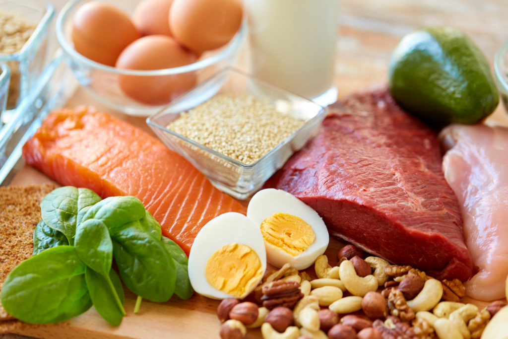 Several options for prioritizing protein: Salmon, eggs, nuts, beef, chicken, milk.
